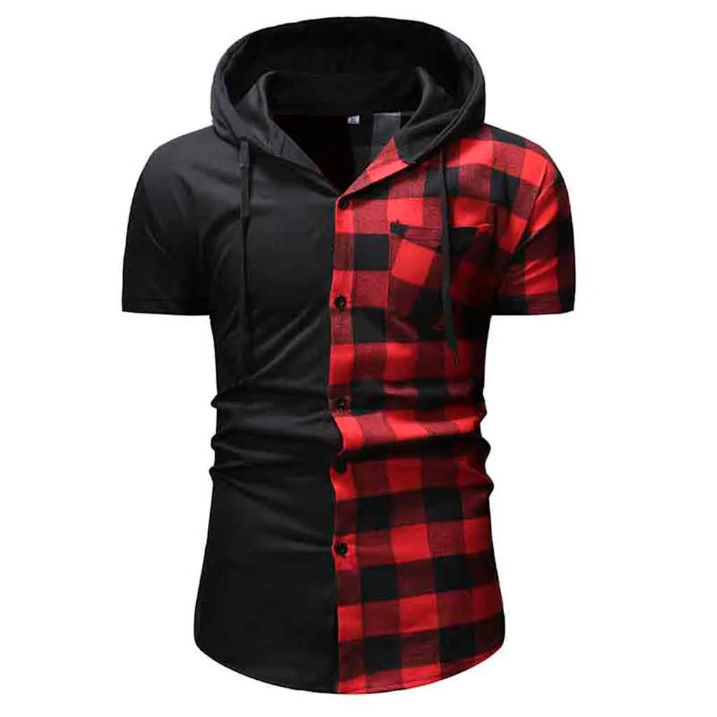 

Men's Hooded plaid British style red white black Stitching personality men Casual Pullover Hooded Short Sleeve Shirt Top #35