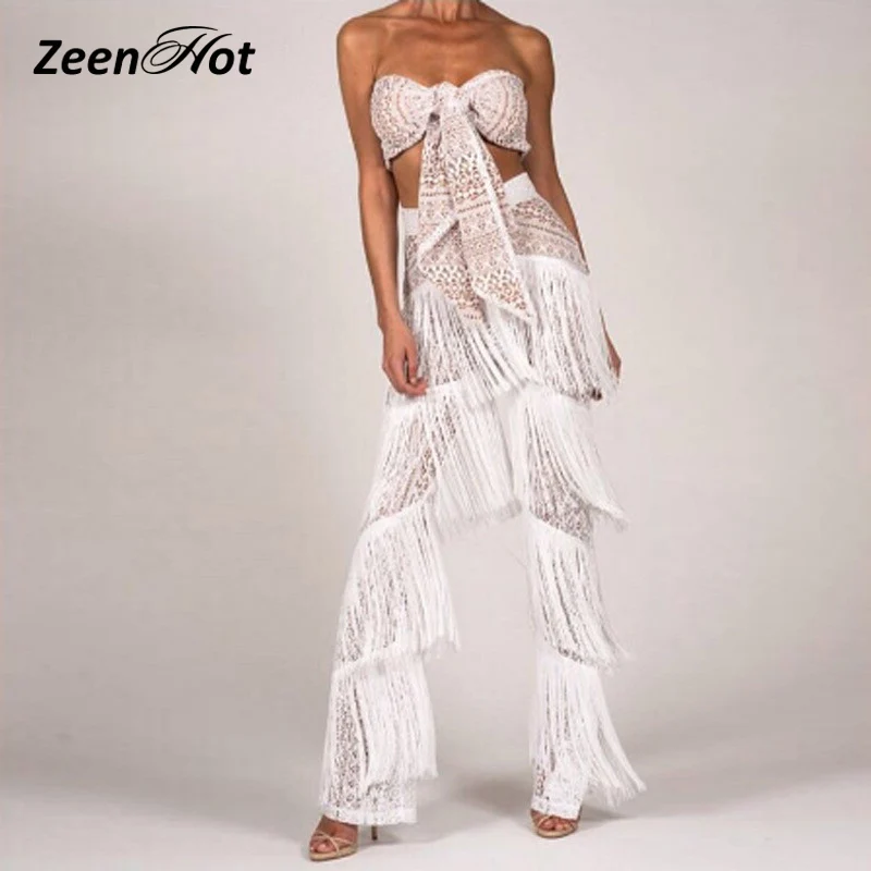 

Women Jumpsuit 2 Pieces Set Bow Strapless Tassel Overalls Summer Sexy Hollow Out Jumpsuits Combinaison Femme
