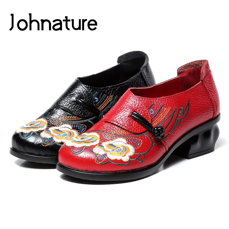 

Johnature 2019 New Spring/autumn Handmade Genuine Leather Retro Embroidered Soft Sole Round Toe Med Heels Women Shoes Pumps