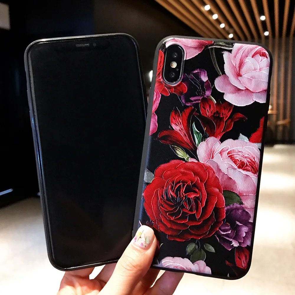 KIPX1071_2_JONSNOW 3D Flower Emboss Case for iPhone 6 6S 7 8 Plus Painted Phone Cover for iPhone X XR XS Max Soft Cases