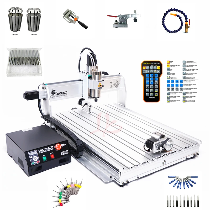 

4 axis metal engraving machine 8060 2200W Spindle cutting wood router cnc milling Machine with free cutter vise collet drilling