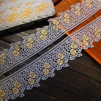 

8cm 3.15" Wide (5Yards/lot) Water Soluble Lace,Embroidery Venise Lace Trim in White+Yellow for Wedding Gown, Costume Design