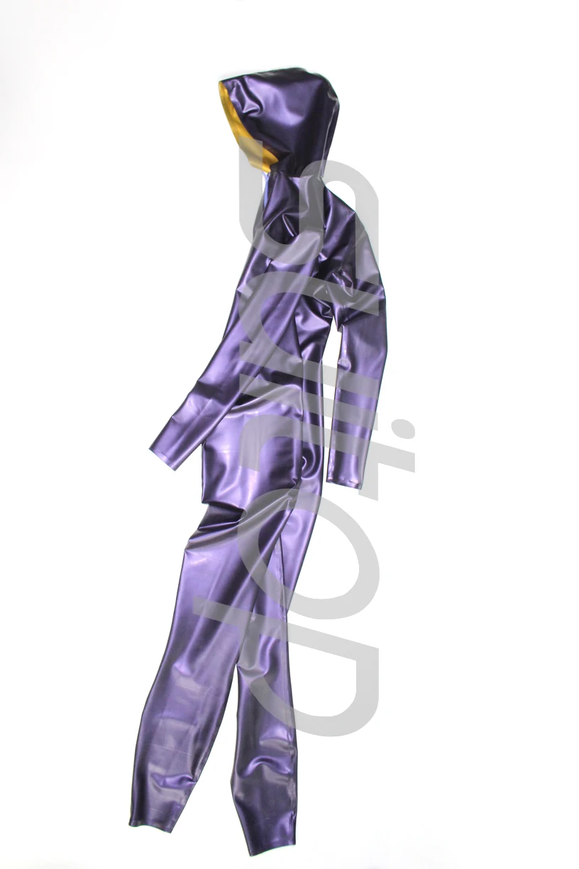 

New arrived men's latex jumpsuit rubber catsuit with cap in metallic purple and gold
