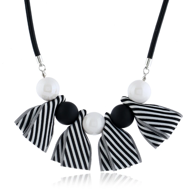 

FLDZ Women Necklace Black and White Beads & Clothing Fabric Plaid Pendant Decoration Necklace Fashion Jewelry Women collar mujer