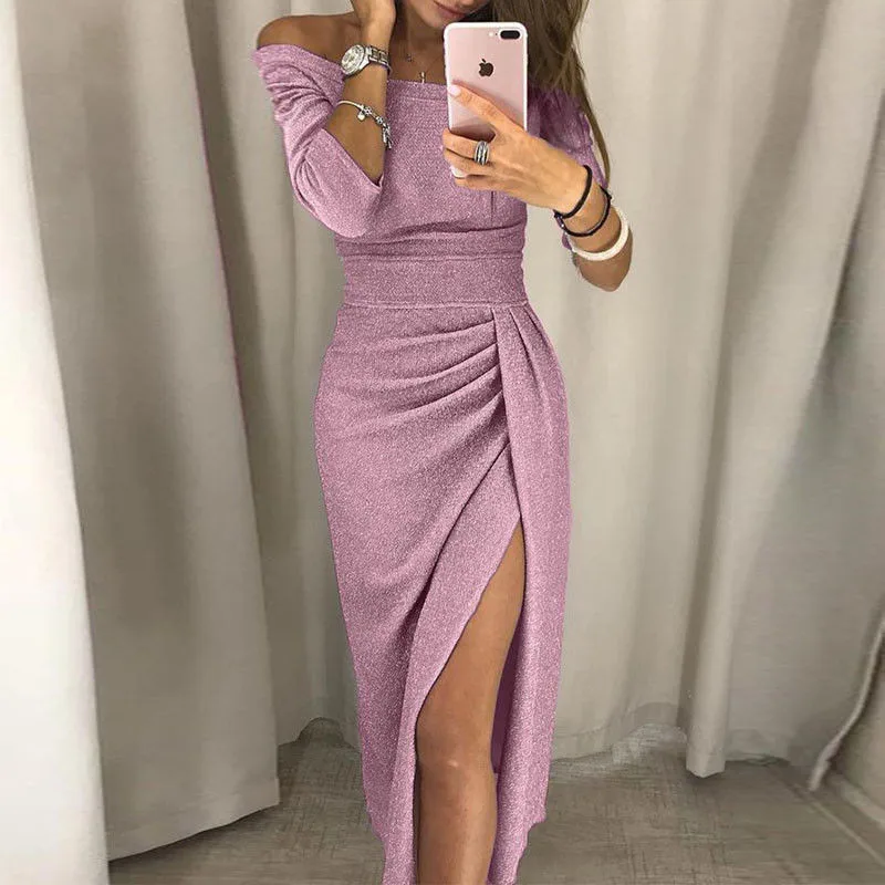 S-2XL Slash шеи Vestido Женские вечерние туфли модные женские туфли с открытыми плечами Разделение плиссированные платья 3/4 рукав Блестки для ночного клуба, Открытое платье без рукавов