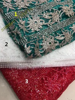 

Red flower hand print glitter sparkle white mesh lace fabric for lady dress /wedding/ night club/stage 5yards/lot green