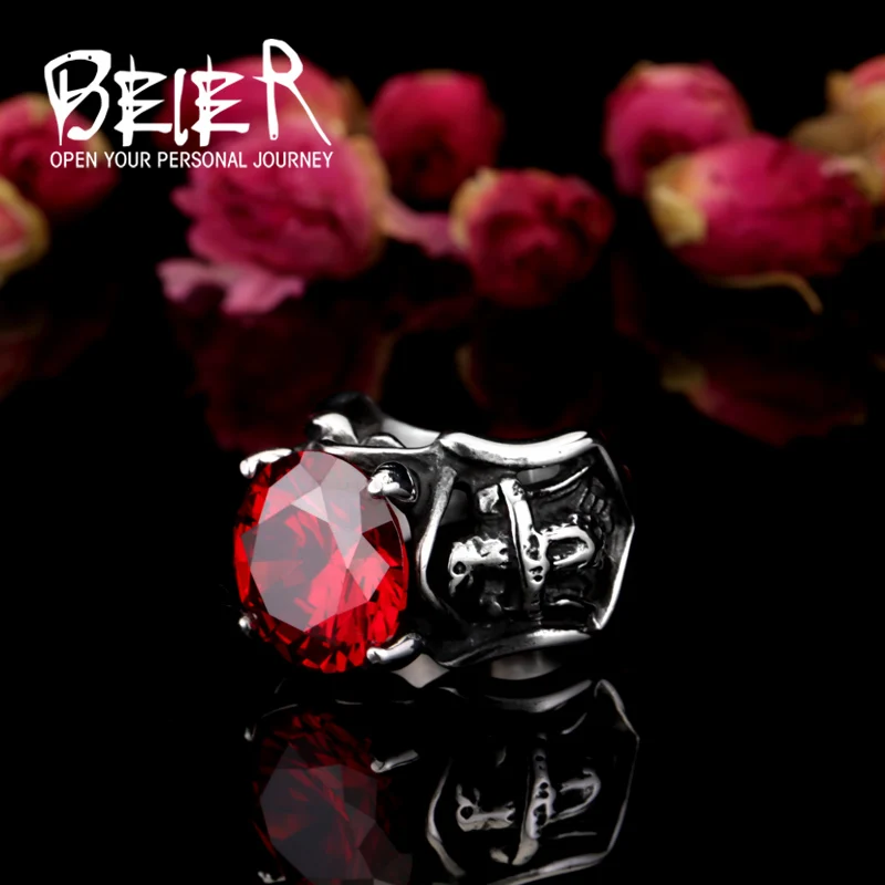 BEIER New Big Red Stone Ring For Men Stainless Steel Fashion Unique Jewelry Party gift BR-Q017