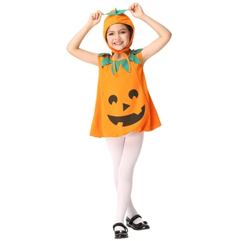 

Girls Pumpkin Costume Perform Cosplay Costume Party Dress Non-Sleeve Short Dress Halloween Costume For Kids T-Shirt With Hat
