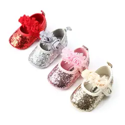 Модная обувь с блестками и кружевными цветами для маленьких девочек, нескользящая Мягкая подошва, прогулочная обувь принцессы