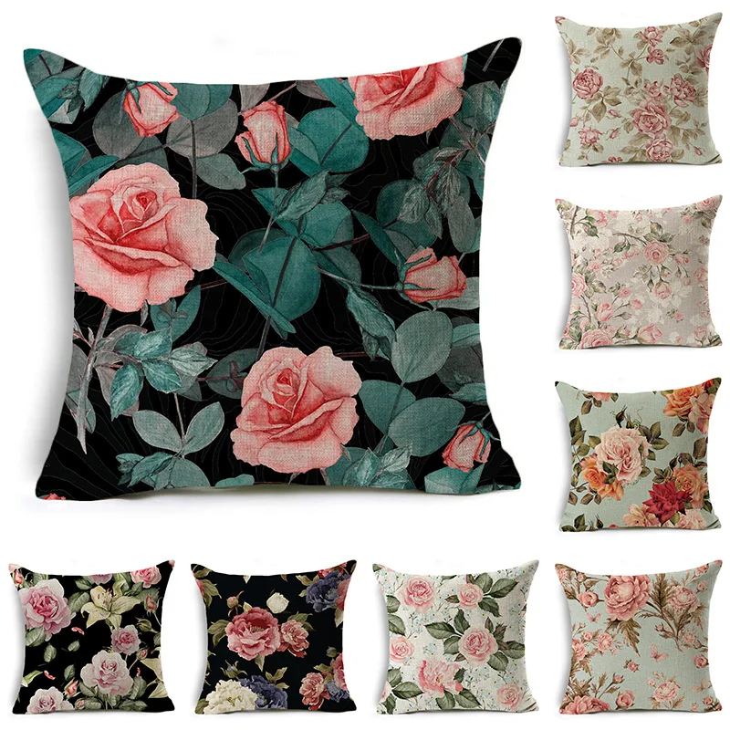 

Rose Linen Cushion Cover Flowers Print Decorative Floral Pillowcase Sweet Home Decor for Sofa Couch Bedroom Living Room 45x45cm
