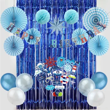 

13pcs Nautical Birthday Party Decoration Kit Photo Props Tinsel Curtains Paper Rosette Latex Balloons Happy Birthday Banner Kit