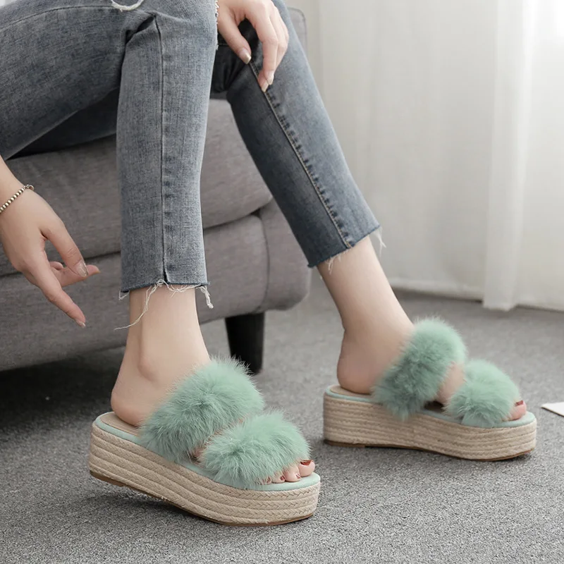 

Slippers Fur Women Shoes 2019 On A Wedge Heeled Mules Slides Fenty Beauty Flock Plush New Heels Sliders Luxury Soft Flat