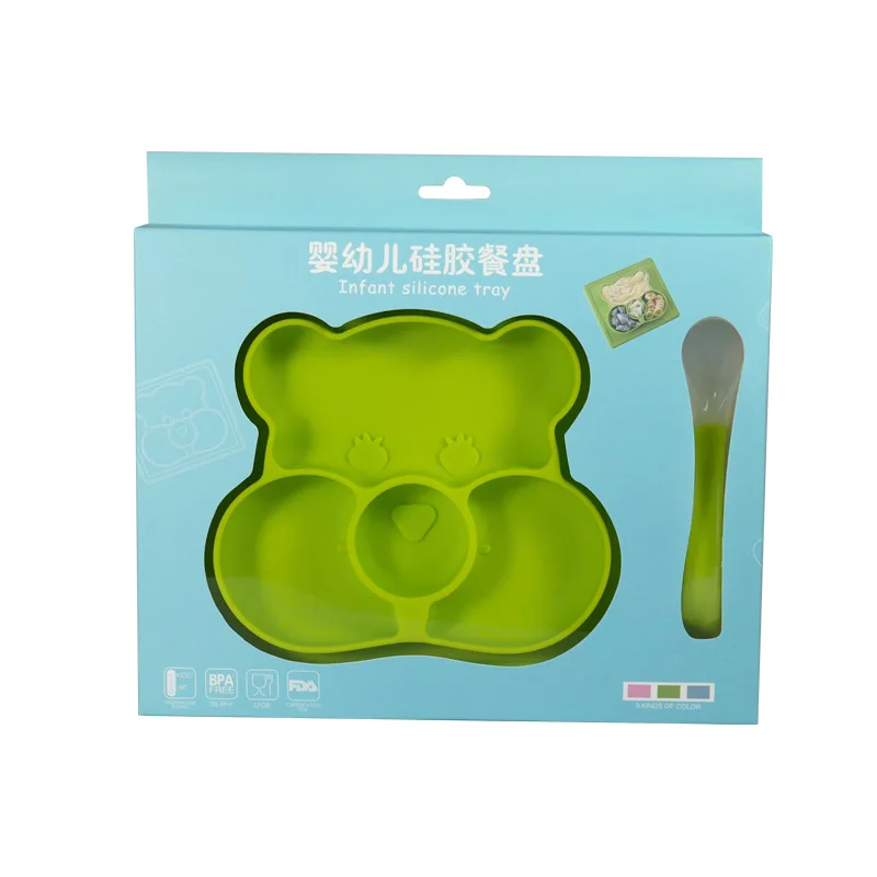 

2pcs Cartoon toddler plate Silica Gel Plate+Spoon Set kids dinner dishes baby silicone plate