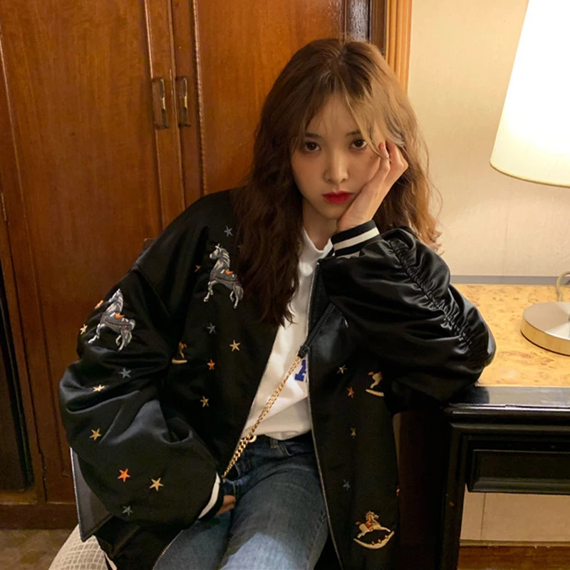 

Harajuku Baseball Uniform Basic Jacket Women Embroidered Long Sleeve Coats 2019 New Fashion Grunge Style Female Outwear