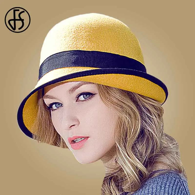 

FS Women 100% Australian Wool Felt Bowler Fedora Hat Floppy Cloche Ladies Winter Curl Brim Blue Red Yellow Bowknot Hats