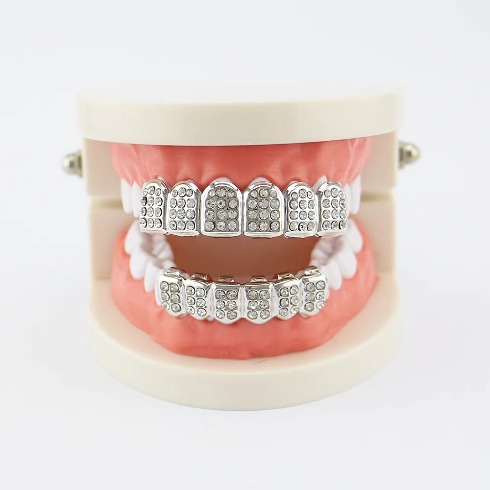 Lucky Sonny Teeth Caps Dental Grills Crystal Inlay Top & Bottom Mouth Grills Gold Color Hip Hop Tooth Grillz Men Body Jewelry (6)