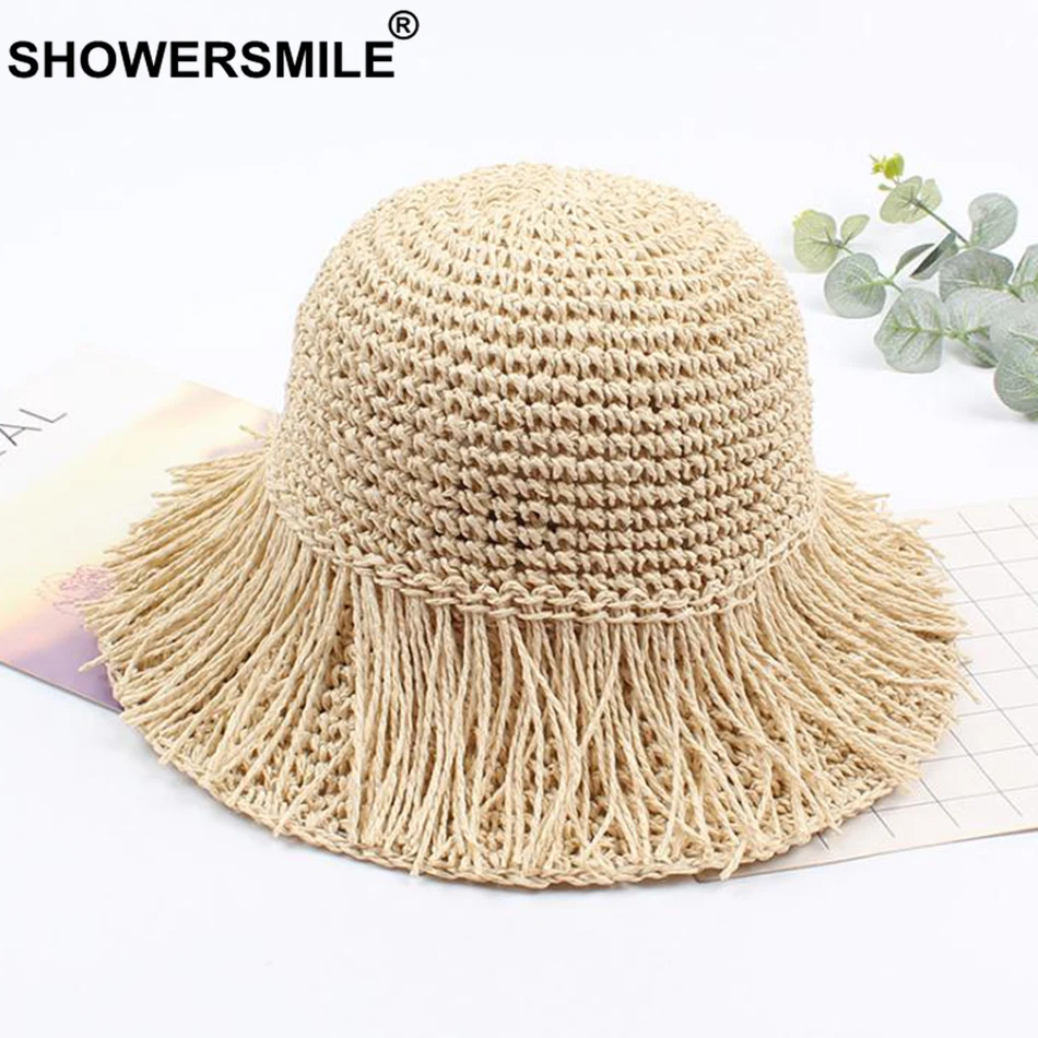 SHOWERSMILE القش قبعة بحافة النساء طوي هامش قبعة الإناث القهوة الكروشيه عطلة ظلة عارضة السيدات الصيف الشاطئ قبعات