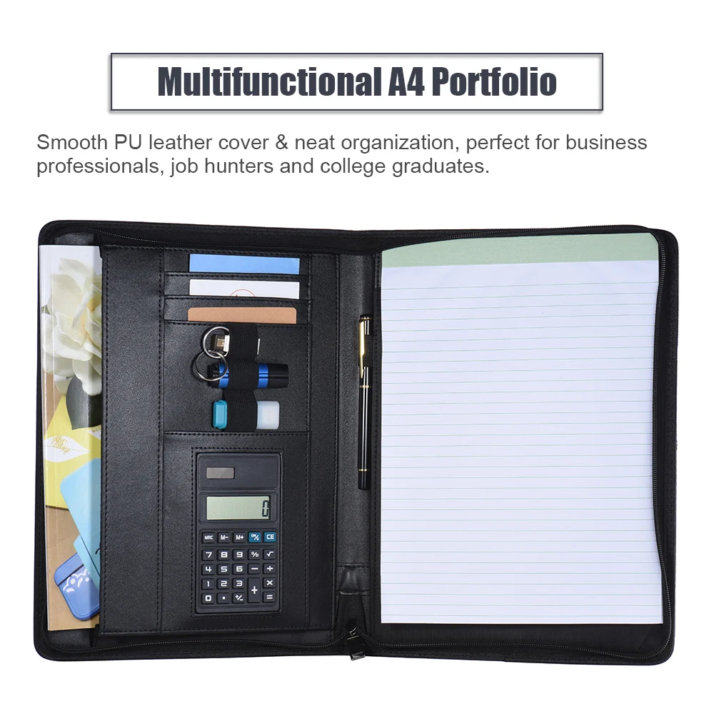 

Multifunctional Business Portfolio Padfolio Folder Document Case Organizer A4 PU Leather Zippered Closure Calculator Card Holder