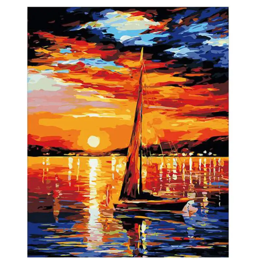 Романтическая картина для прогулок по номерам, ручная роспись, картина маслом для влюбленных в дождь, домашний декор, закат, лодка, 40x50 см - Цвет: scenery painting 16