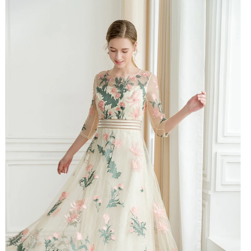 GEJIAN Elegant High End Elegant Dress Summer Pink Embroidery Maxi Dress ...
