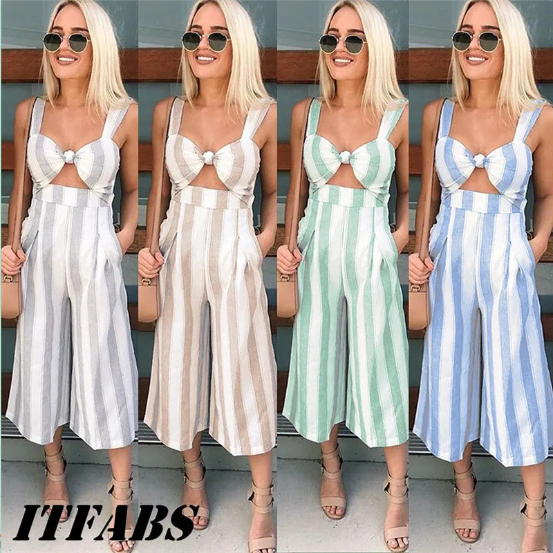 

Women Sleeveless Striped Jumpsuit Holiday Bandage Evening Party Playsuit Romper Casual Ladies Clubwear Wide Leg Pants Outfits