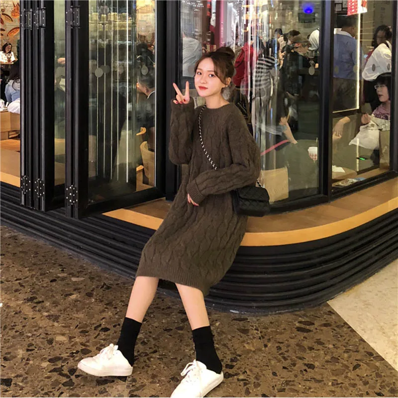 OLN Women's Sweater Skirt Loose Long Thick Twist Pullovers Over The Knee Sweater Skirt The Bottom Knitted Wool Dress Winter 1287