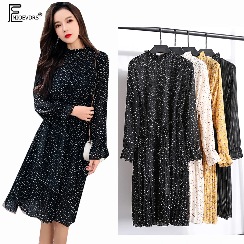 

New Spring Polka Dot Dress Women Preppy Style Temperament Lady Cute Sweet Loose Chiffon Floral Print Pleated Bow Tie Shirt Dress
