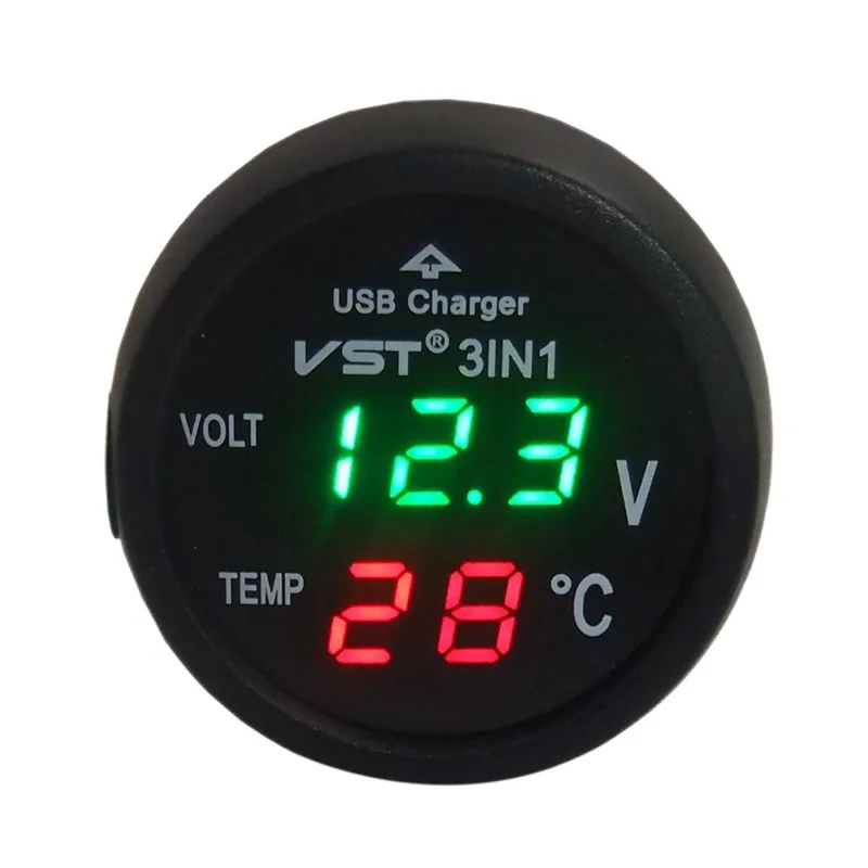3 in 1 Digital LED Car Voltmeter Thermometer Auto Car USB Charger 12V/24V Temperature Meter