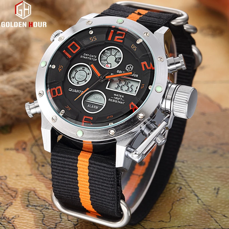 Online GOLDENHOUR Sport Uhren Männer Analog Digital Armee Militärische Led anzeige Männer Uhren Uhr Männliche Quarzuhr Relogio Masculino
