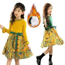 Осень-зима девочек Уплотненное платье теплое хлопковое платье для девочек платье с буквенным принтом милый удобный комплект верхней детской одежды из вязаное платье детские Платья-свитеры G337