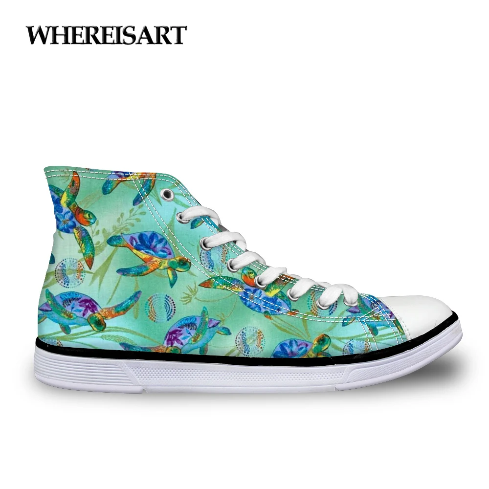 

WHEREISART Cute Sea Animal Turtle Print High Top Women Canvas Shoes Lace-up Flats Vulcanized Shoes for Lady Casual