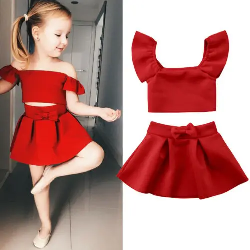

2019 Toddler Kids Baby Girl elegant Tops T-Shirt Bowknot Mini Skirts Outfits Clothes 2Pcs