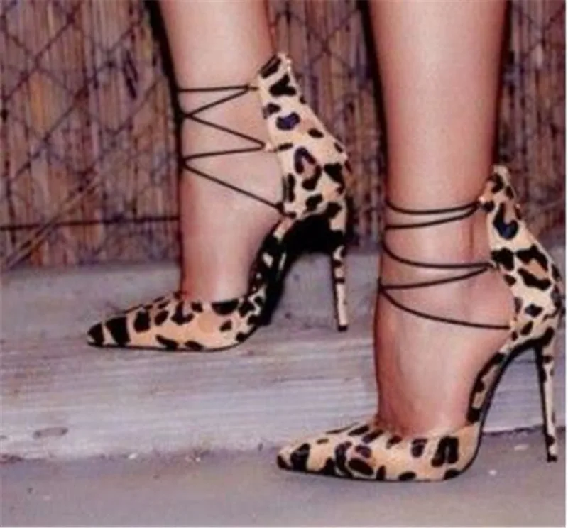 New Fashion Women Pointed Toe Leopard Suede Leather Pumps Strap Cross