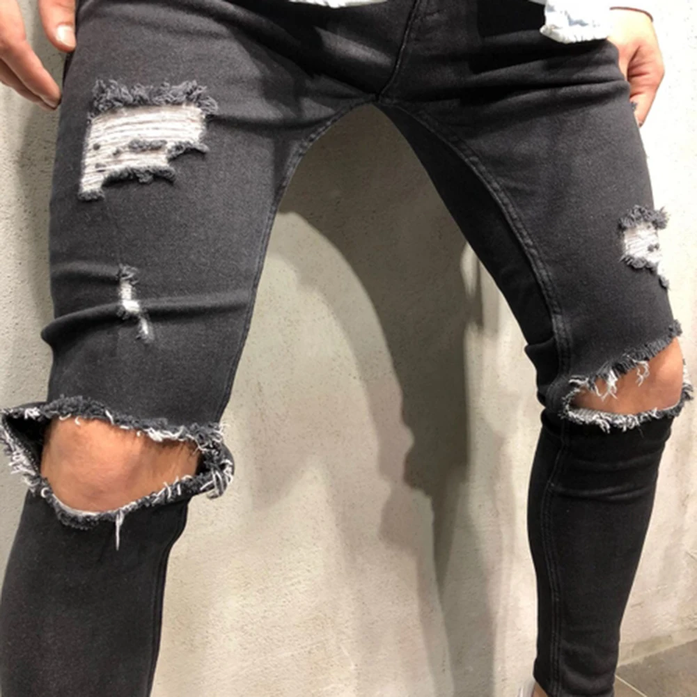 Уличная мода для мужчин s обтягивающие джинсы черные дырочки до колена Мужские джинсы из денима Hombre тонкие джинсовые мотобрюки байкер джинсы плюс размер 3XL 4XL