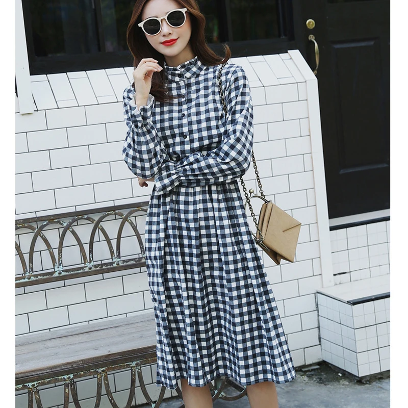 Beste Vintage Corduroy A lijn Stijl Jurk Vrouwen Volledige Mouw Hoge Elastische Taille Bloem Plaid Print Slim Tuniek Jurken 19 Kleuren Vestido