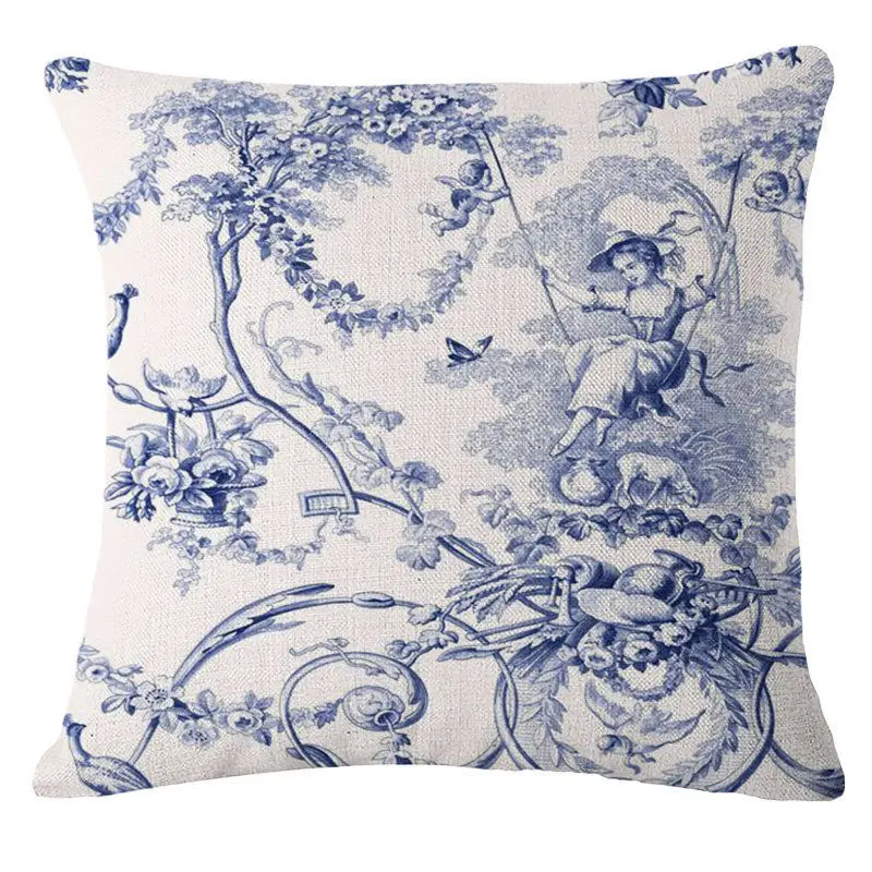 Chinese Style Vintage Blue Flowers Series Cushion Cover Cotton Linen Throw Pillow Case for Home Bedroom Decoration Pillowcase
