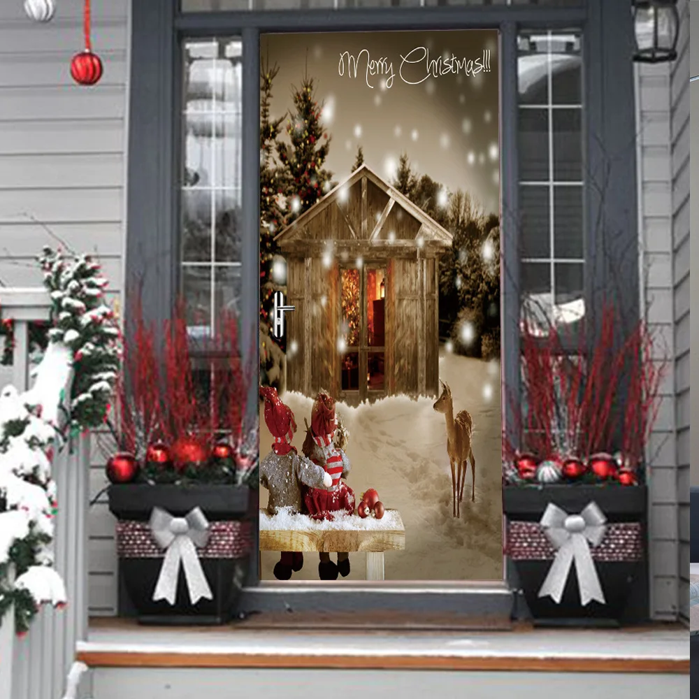 Рождество лося двери наклейки домашний декор снег декоративная роспись наклейка для гостиной спальня ПВХ самоклеющиеся обои плакат «сделай сам»
