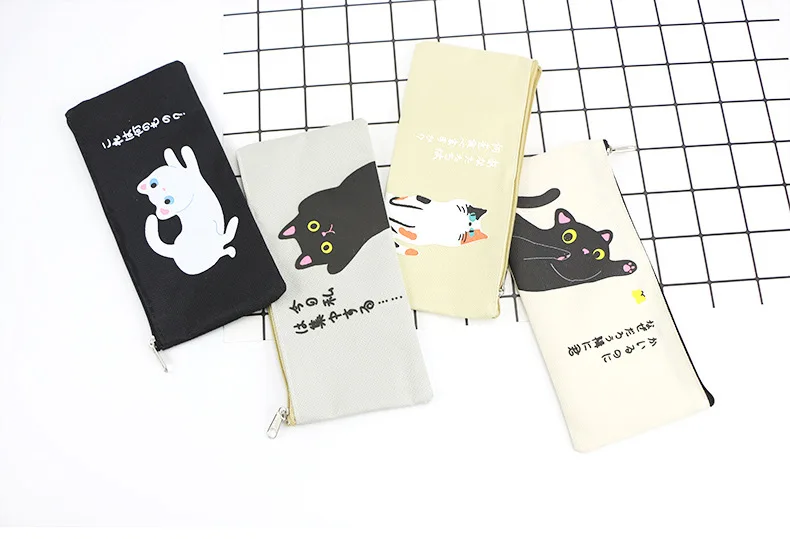 4 Styles Simple Cat Cartoon Creative Canvas Bag Female Student Bulk Zippered Pencil Case Pencil Bag Student Stationery Office