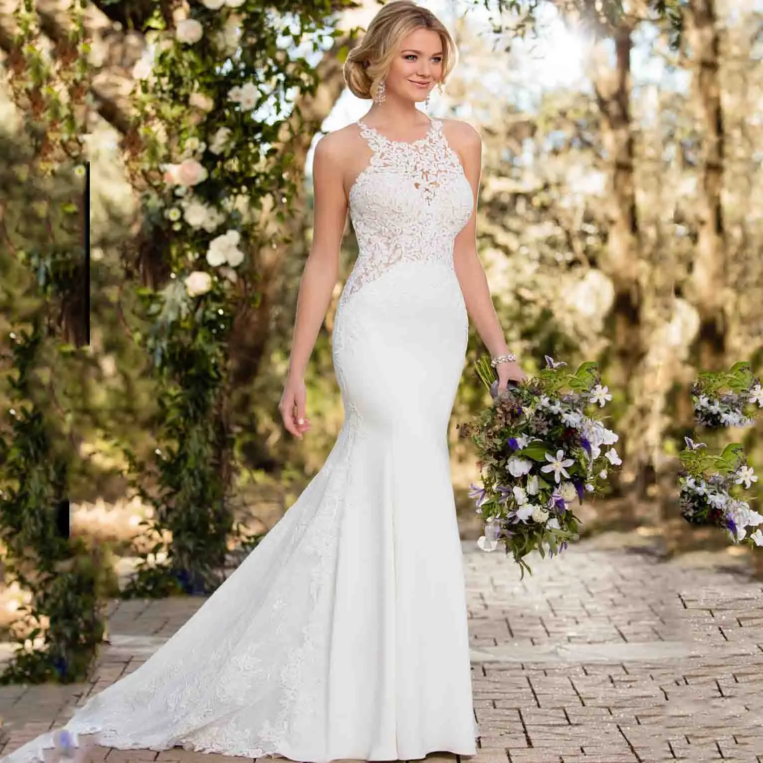 Fit And Flare Crepe Wedding Dress With Lace Appliques Halter Sexy