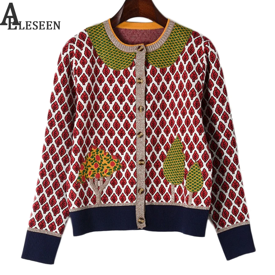 

Summer Casual High Quality Women Sweater Fruit Tree Embroidery Leaf Print 2018 Spring Fashion Designer Sweater Patchwork Knit