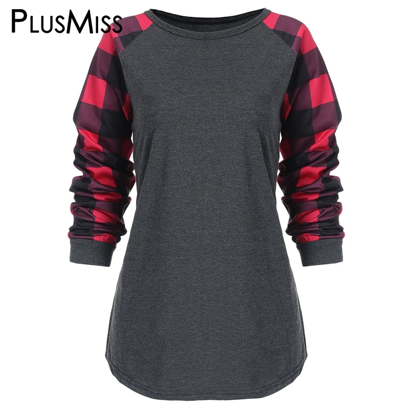 

PlusMiss Plus Size 5XL Casual Checked Printed Long Sleeve T Shirts Ladies Large Size Spring Plaid Tops Tee XXXXL XXXL XXL Women