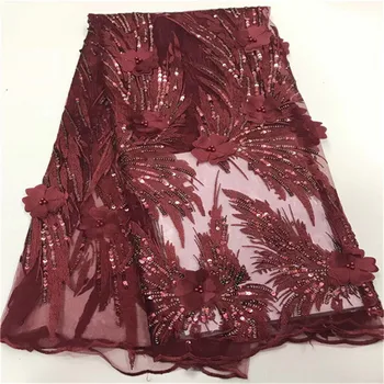 

African Lace Fabric 2019 3D Flowers Beaded sequins Tulle Lace Fabric High Quality Beautiful French Tulle Lace Fabric red purple
