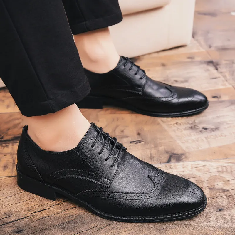 Black Dress Shoes Merkmak/Новинка года; Мужские модельные туфли; официальная Свадебная обувь из натуральной кожи; броги в стиле ретро; мужские оксфорды на плоской подошве в деловом стиле - Цвет: Black Dress Shoes