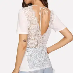 Для женщин рубашка с круглым вырезом Рубашка с короткими рукавами спинки модная Блуза женская комбинированная рубашка с кружевами Блузки