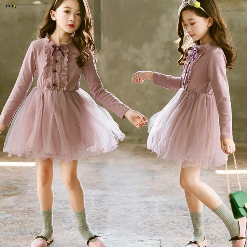 

Fashion Lacework Princess Dress Girl Long Sleeve Autumn Mesh Elegant Dresses Kids Girls Clothes 4 5 6 7 8 9 10 11 12 Years