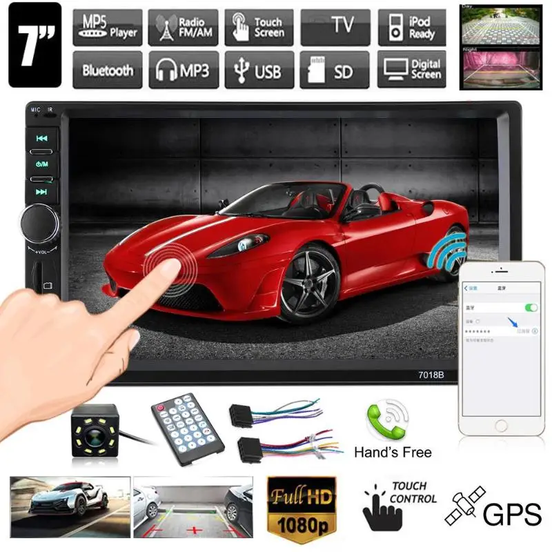 

7inch Touch Screen Bluetooth Car Stereo MP5 Player FM Radio USB AUX w/ 8LED Camera Digital Display Multimedia Car Backup Monitor