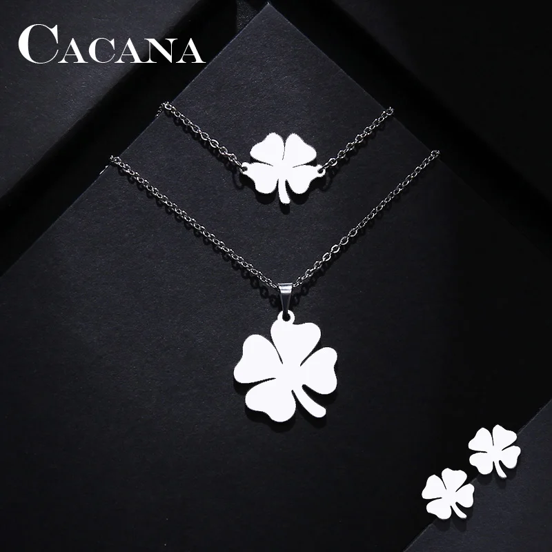 CACANA jewelry sets jewelry set Stainless Steel Sets For Women Clover Shape Necklace Bracelets Earrings For Women Lover's Engagement Jewelry