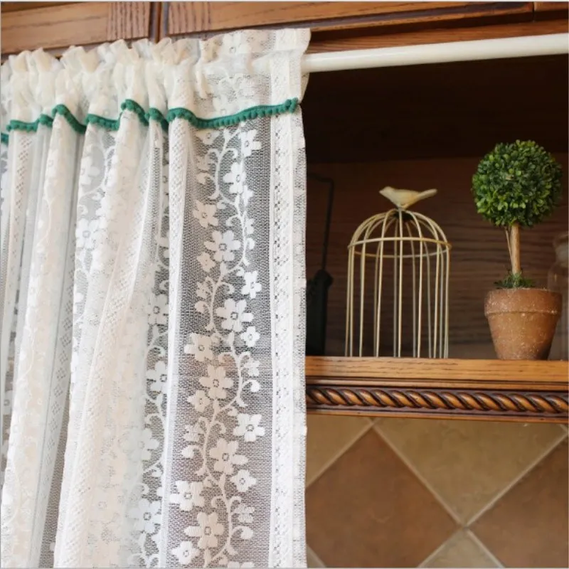 White lace short curtain. Beautiful vine flower pattern. Decorative