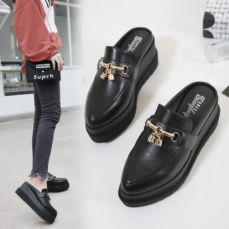 

Woman Wedges Slipper Metal Decoration Platform Mules Casual Pointed Toe Shoes Heels Slides Summer Slip on Sandals Black Loafers