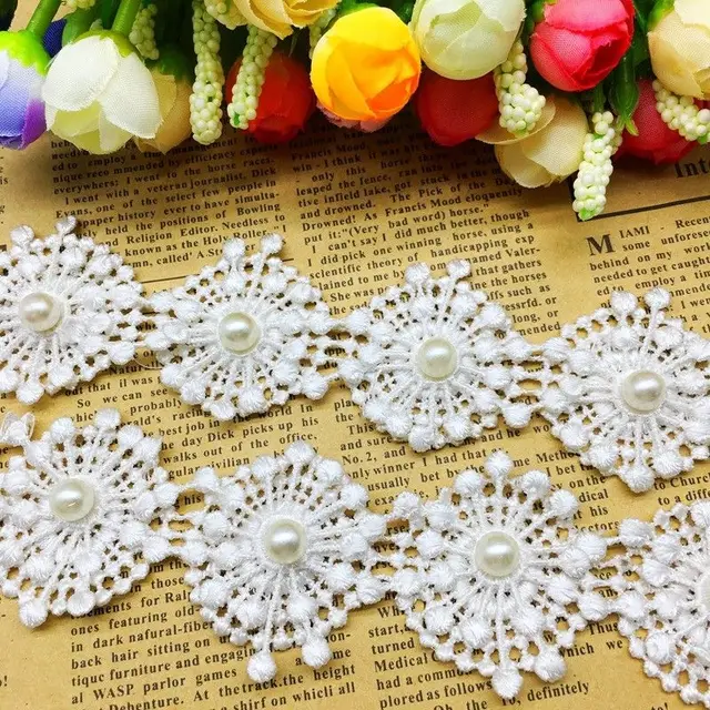 Wholesale lot 20YDS ivory ABS pearl rhinestone rose Flower Lace Trim DIY wedding decoration dress bridal hair accesory 20mm